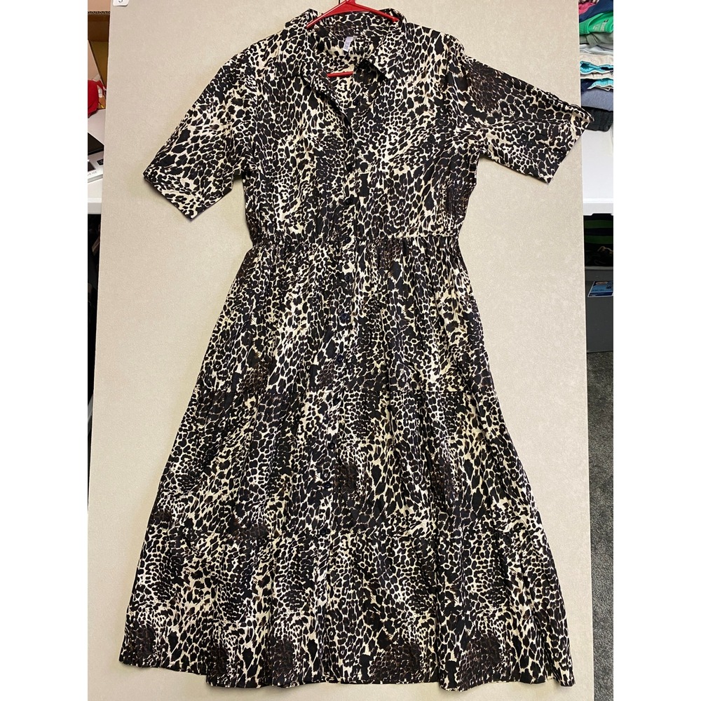 Kaktus Womens Leopard Print Button Down Short Sleeve Midi Shirt Dress Large